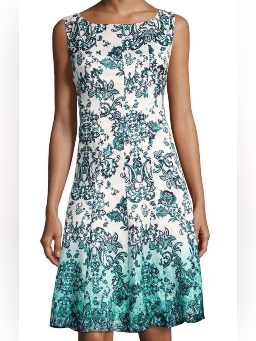 Chetta B White and Teal Floral Midi A Line Dress